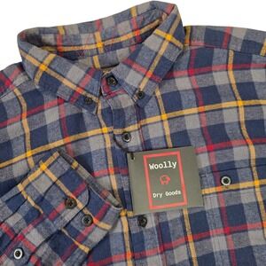 Woolly Mens XL Tall Classic Plaid Flannel Shirt Navy Grey Red Yellow Cotton Wool